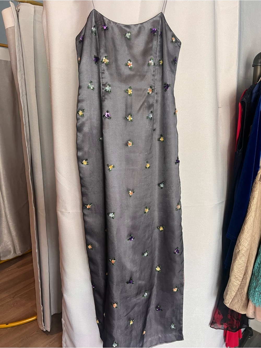 Vintage Papell Boutique 90s Gown with Overlay and Delicate Floral Embroidery